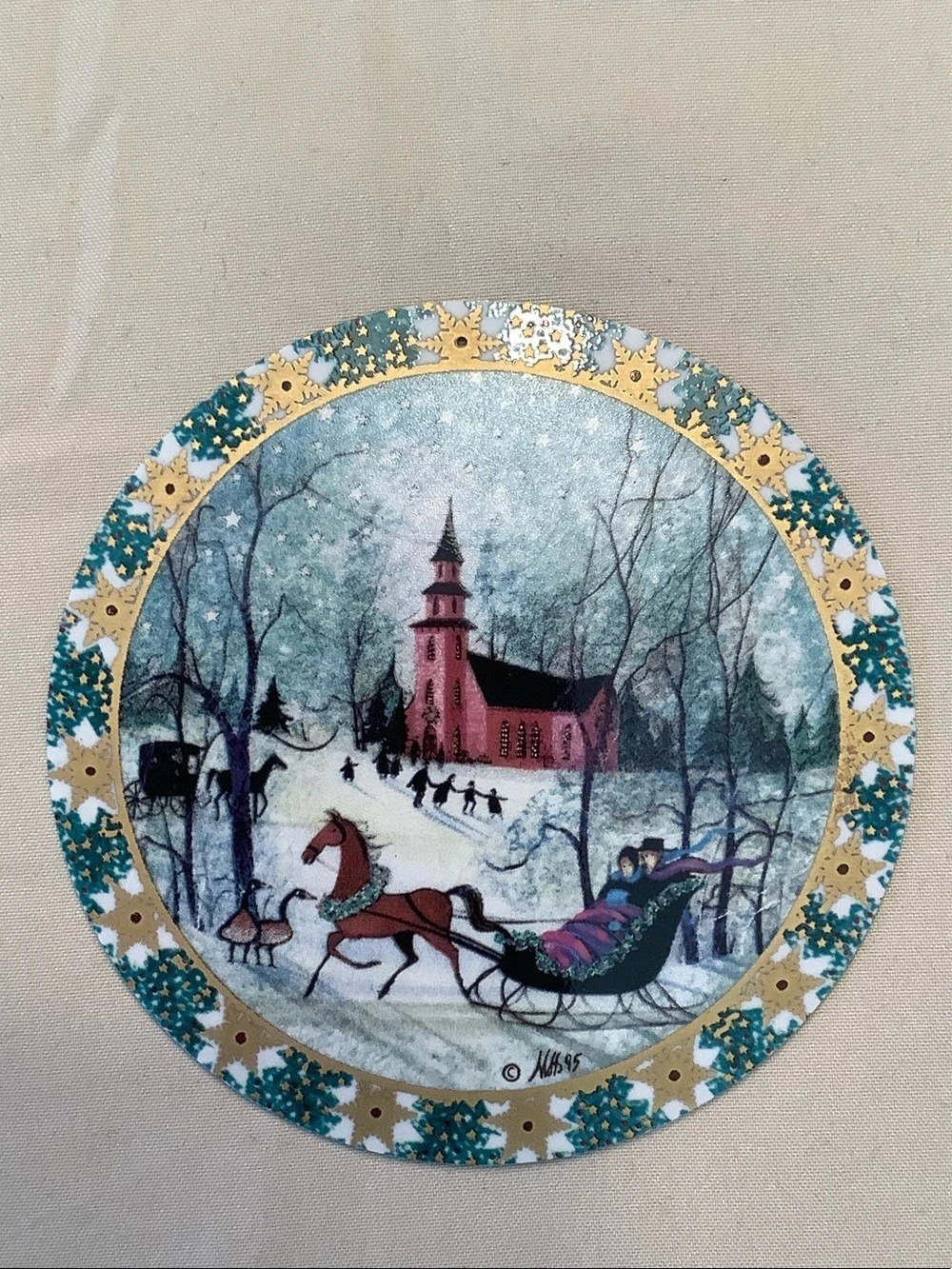 P Buckley Moss Christmas Night Snow Star Tryptych Ornament in Blue & Gold